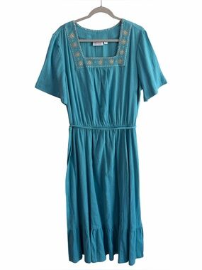 d&co Turquoise Modest Embroidered Square-Neck Maxi Dress Size XL Beach Vacation